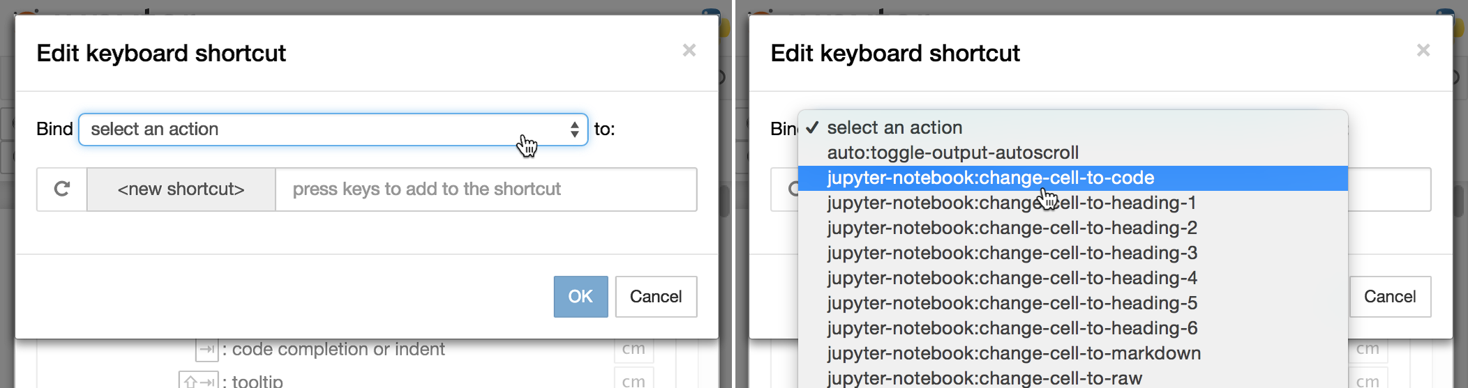 selecting an action for a new keyboard shortcut